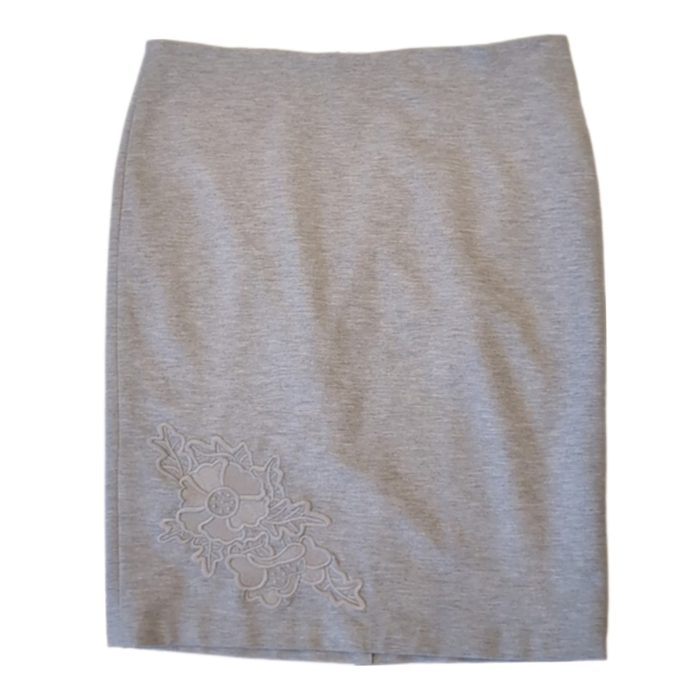 Melanie Lyne Knit Pencil Skirt Heathered Floral Applique Business Knee Length 8